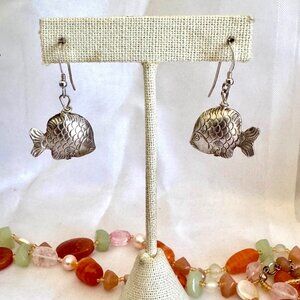 VTG Sterling Silver 925 Textured Puffed Fish Dangle Earrings Size 1.5'' Length